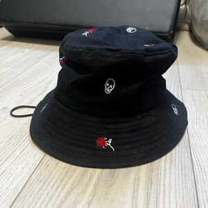 Empyre Black Bucket Hat with Red Rose & White Skull Embroidery